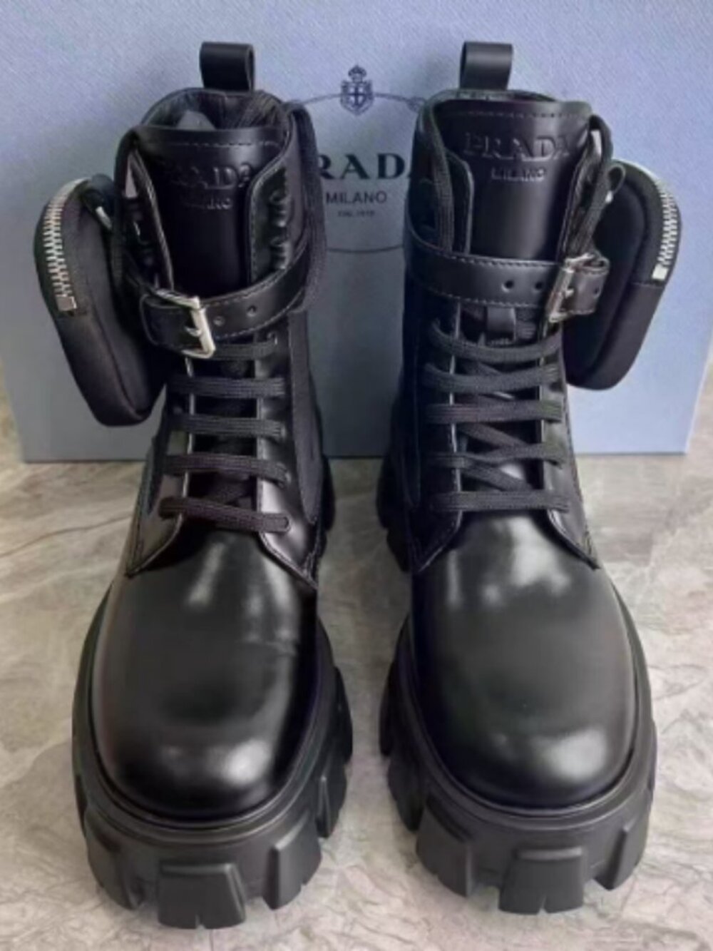 Prada Black Leather Lug-Sole Combat Boots